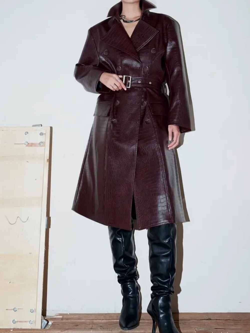 NEW! - Burgundy Leather Crocodile Embossed Trench Coat with Belt - Size XS